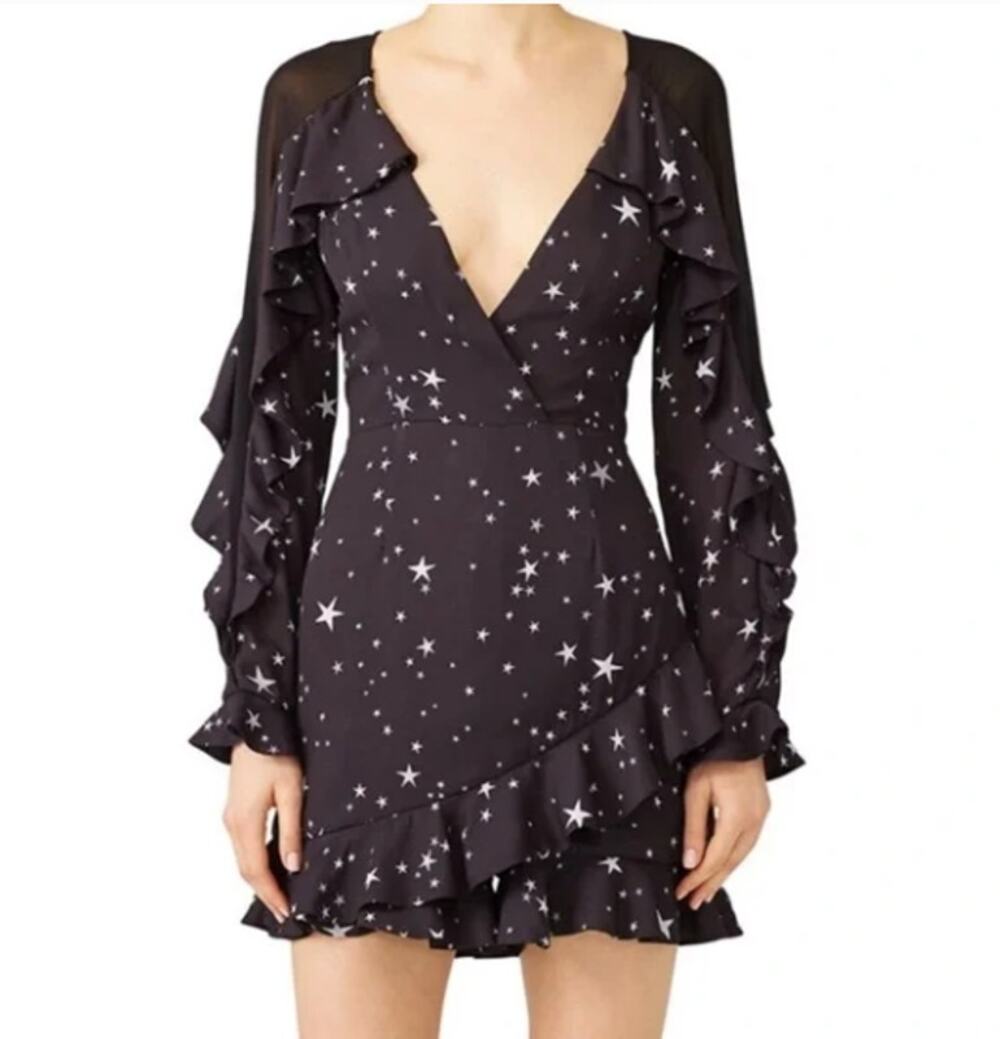 FAME & PARTNERS Black Midnight Star Print Ruffles Romper // 8